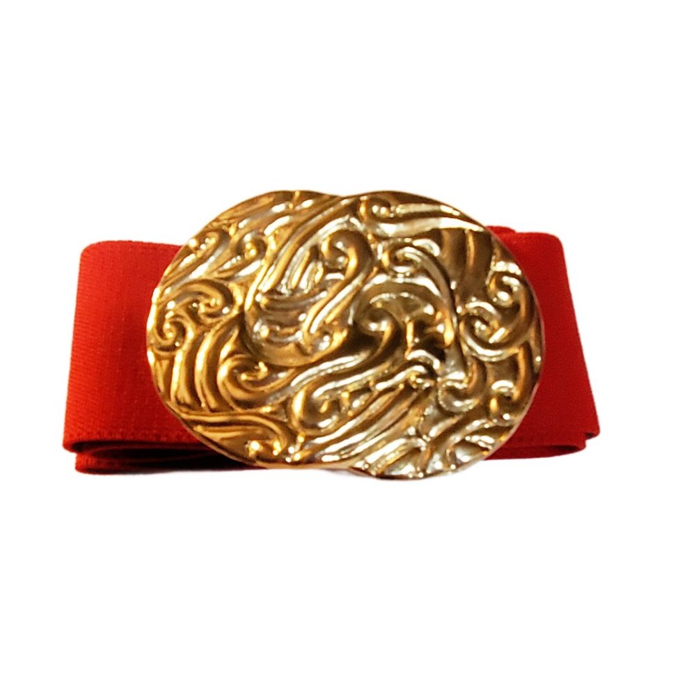 Vintage 1991 Dakota Women's Gold Buckle Red Stretchy Belt